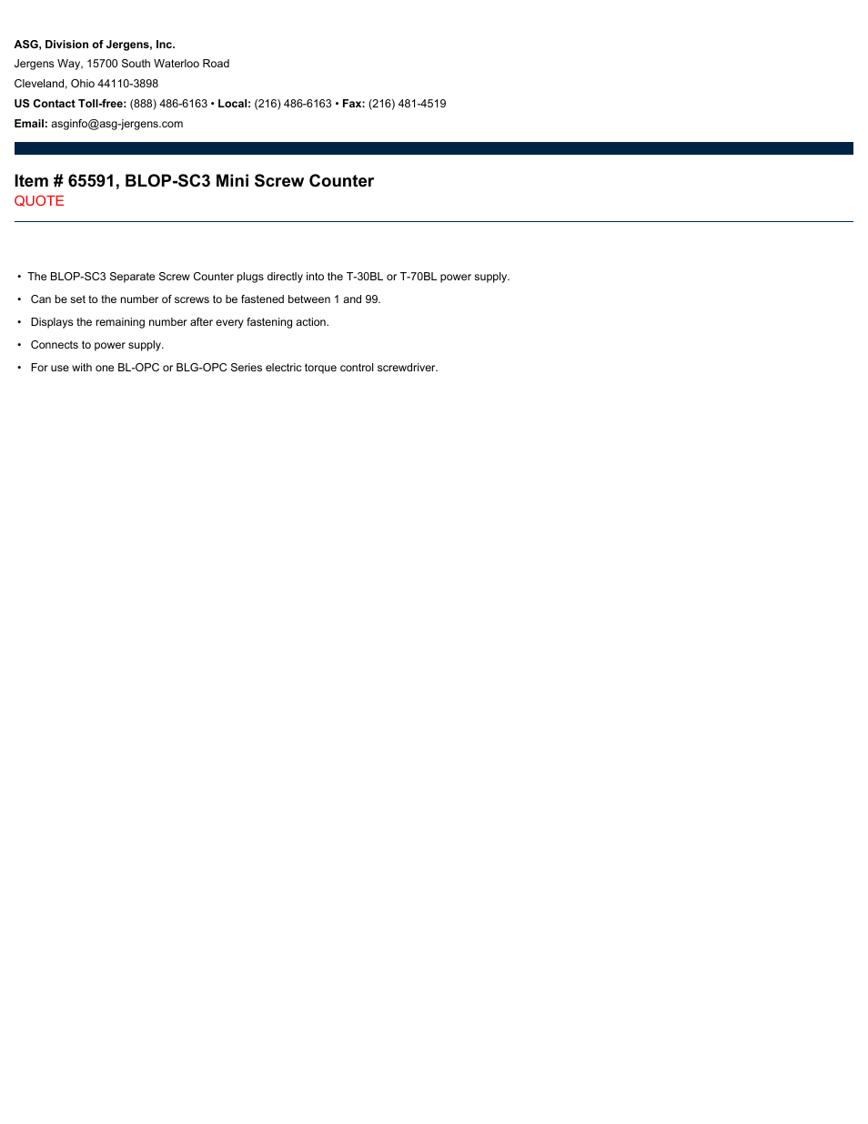 ASG Jergens 65591 BLOP-SC3 Mini Screw Counter User Manual | 1 page