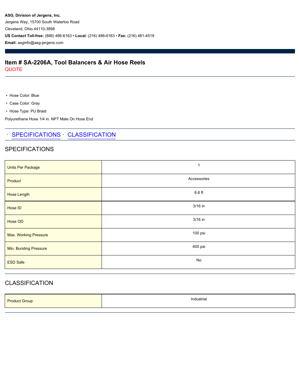 ASG Jergens SA-2206A Tool Balancers & Air Hose Reels User Manual | 1 page