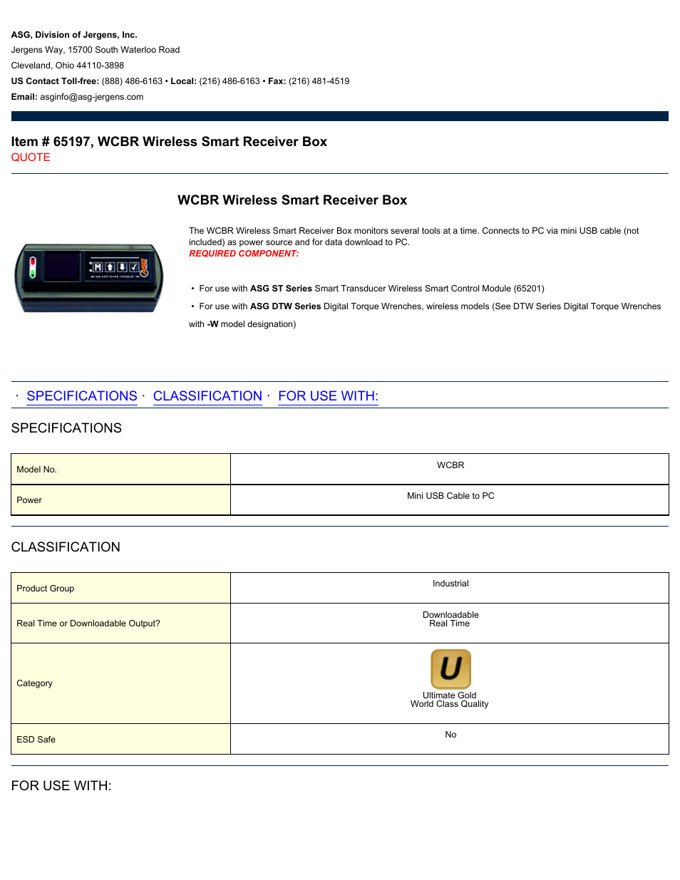 ASG Jergens 65197 WCBR Wireless Smart Receiver Box User Manual | 2 pages