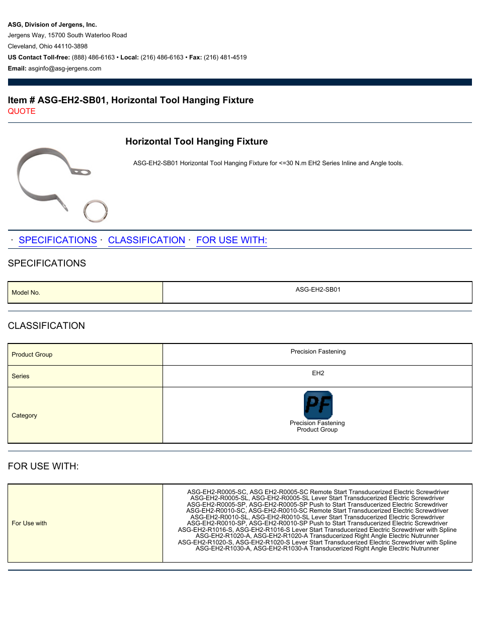 ASG Jergens ASG-EH2-SB01 Horizontal Tool Hanging Fixture User Manual | 1 page