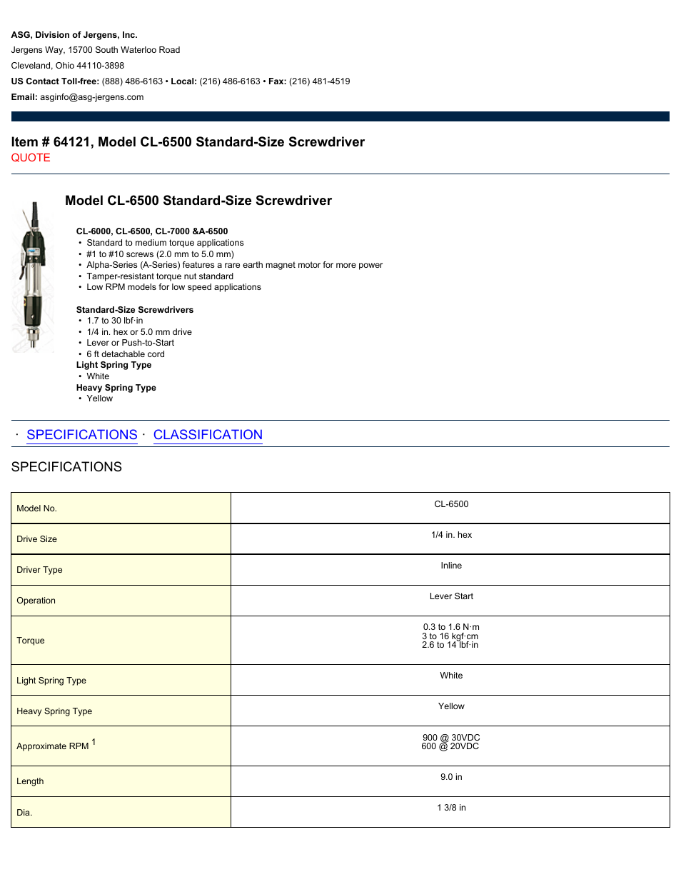 ASG Jergens 64121 CL-6500 User Manual | 2 pages