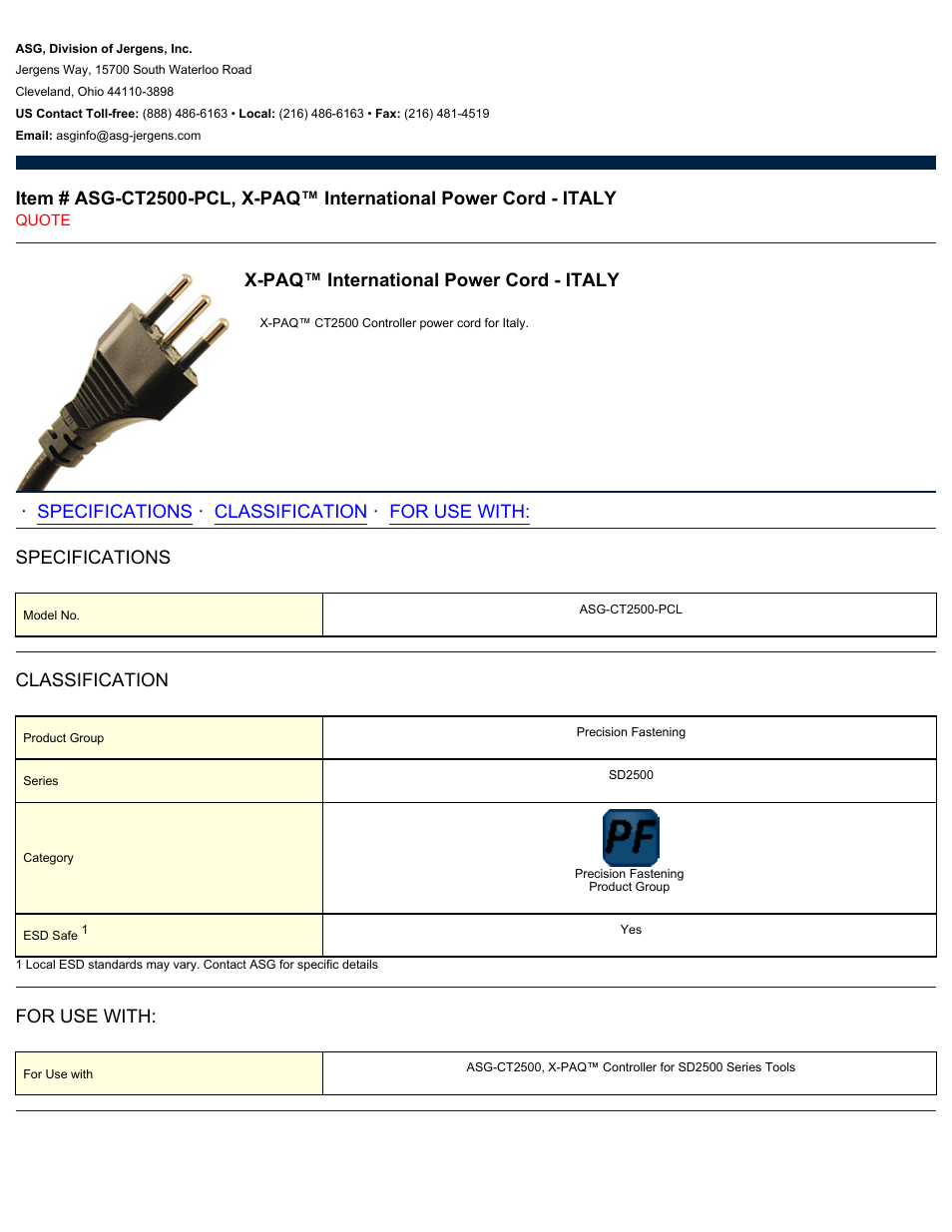 ASG Jergens ASG-CT2500-PCL International Power Cord - ITALY User Manual | 1 page