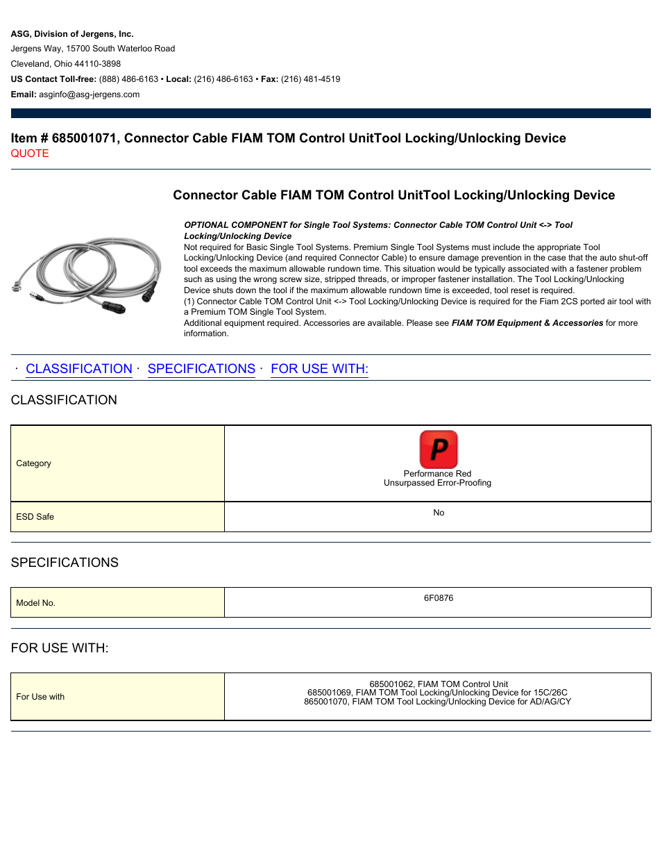 ASG Jergens 685001071 Connector Cable FIAM TOM Control Unit User Manual | 1 page