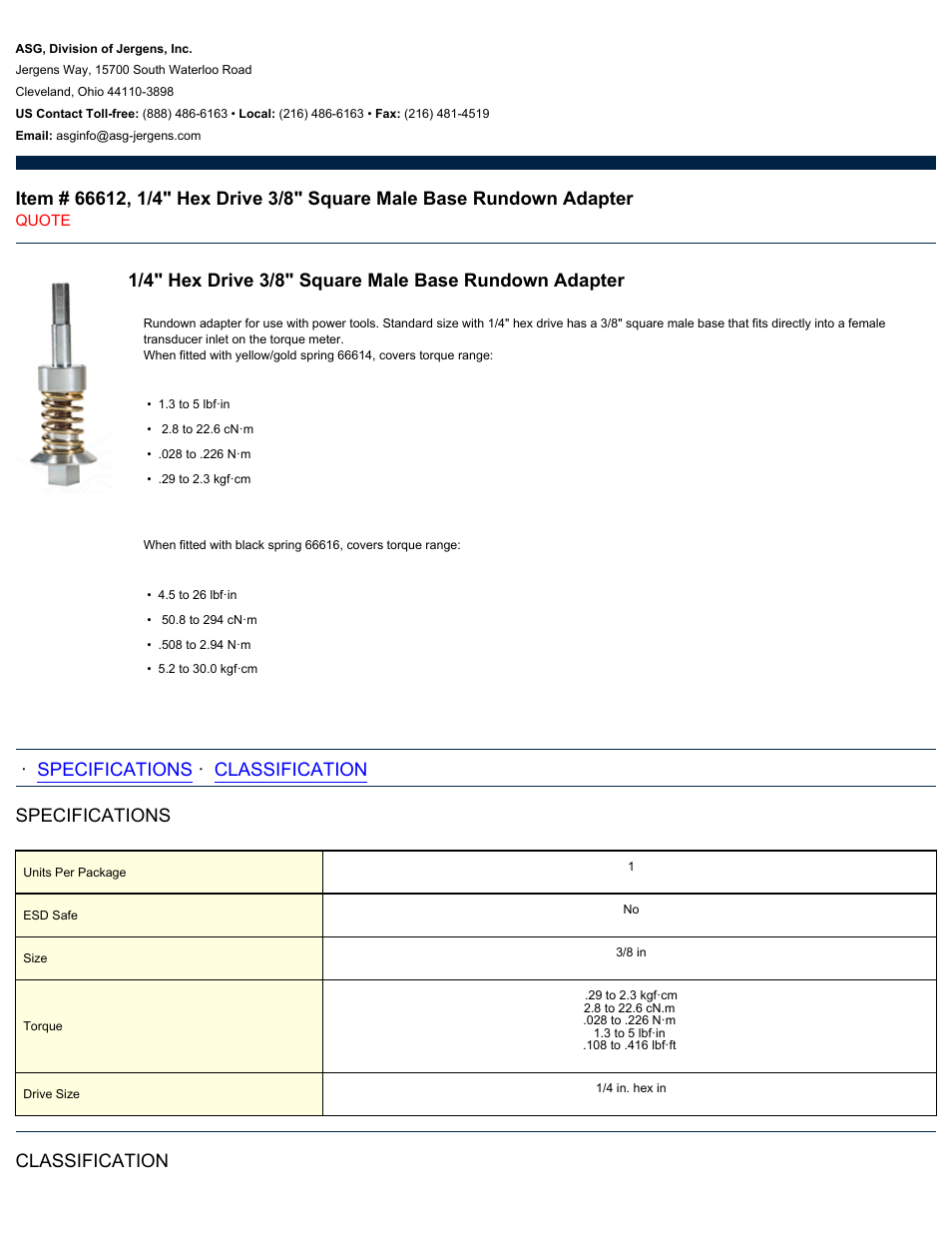 ASG Jergens 66612 1/4 Hex Drive 3/8 Square Male Base Rundown Adapter User Manual | 2 pages