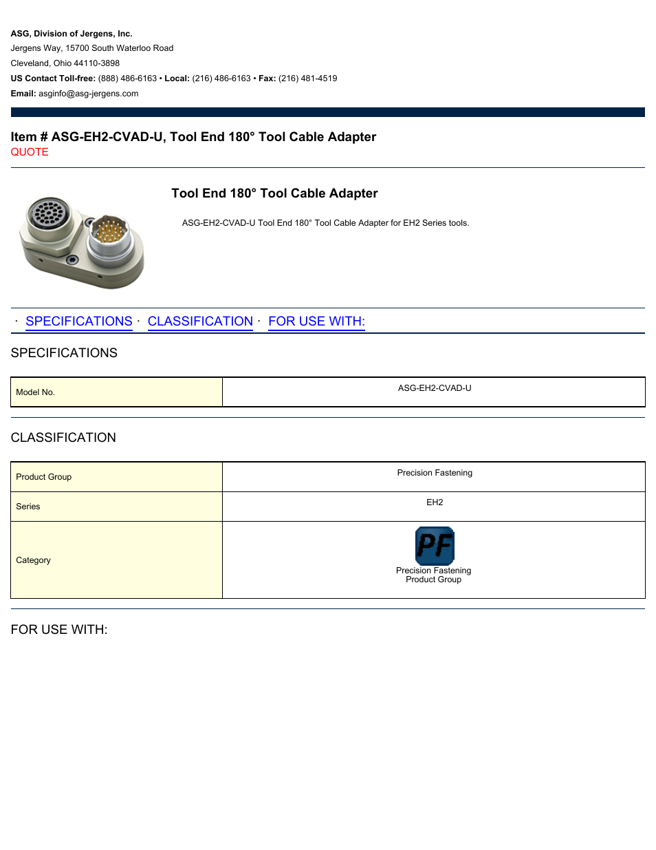 ASG Jergens ASG-EH2-CVAD-U Tool Cable Adapter User Manual | 2 pages