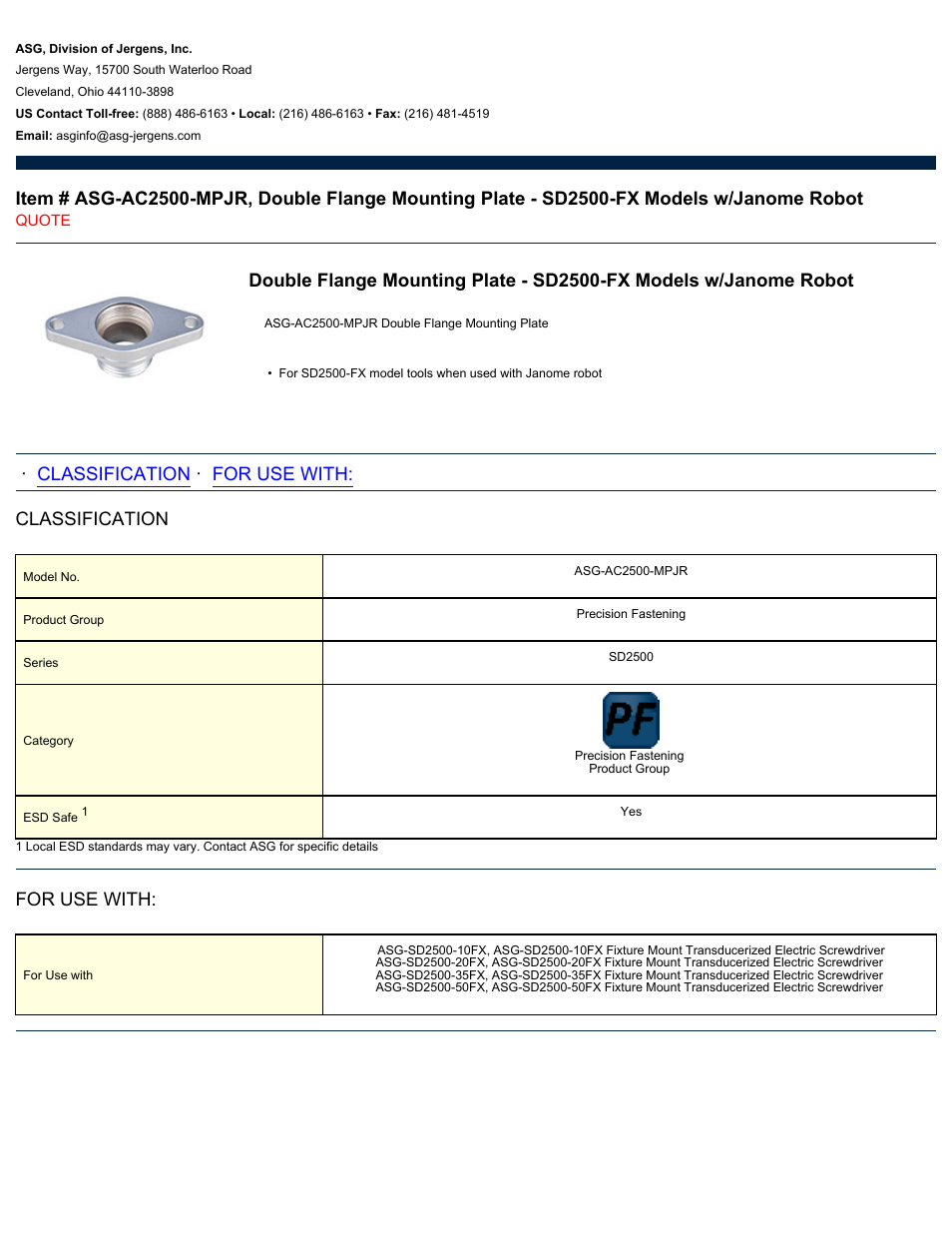 ASG Jergens ASG-AC2500-MPJR Double Flange Mounting Plate - SD2500-FX User Manual | 1 page