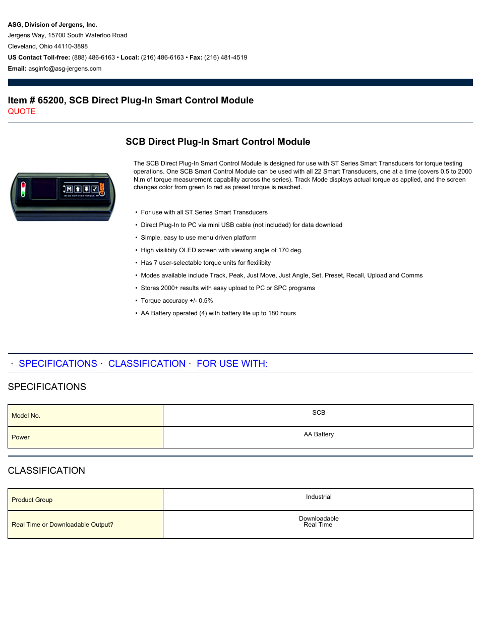 ASG Jergens 65200 SCB Direct Plug-In Smart Control Module User Manual | 2 pages