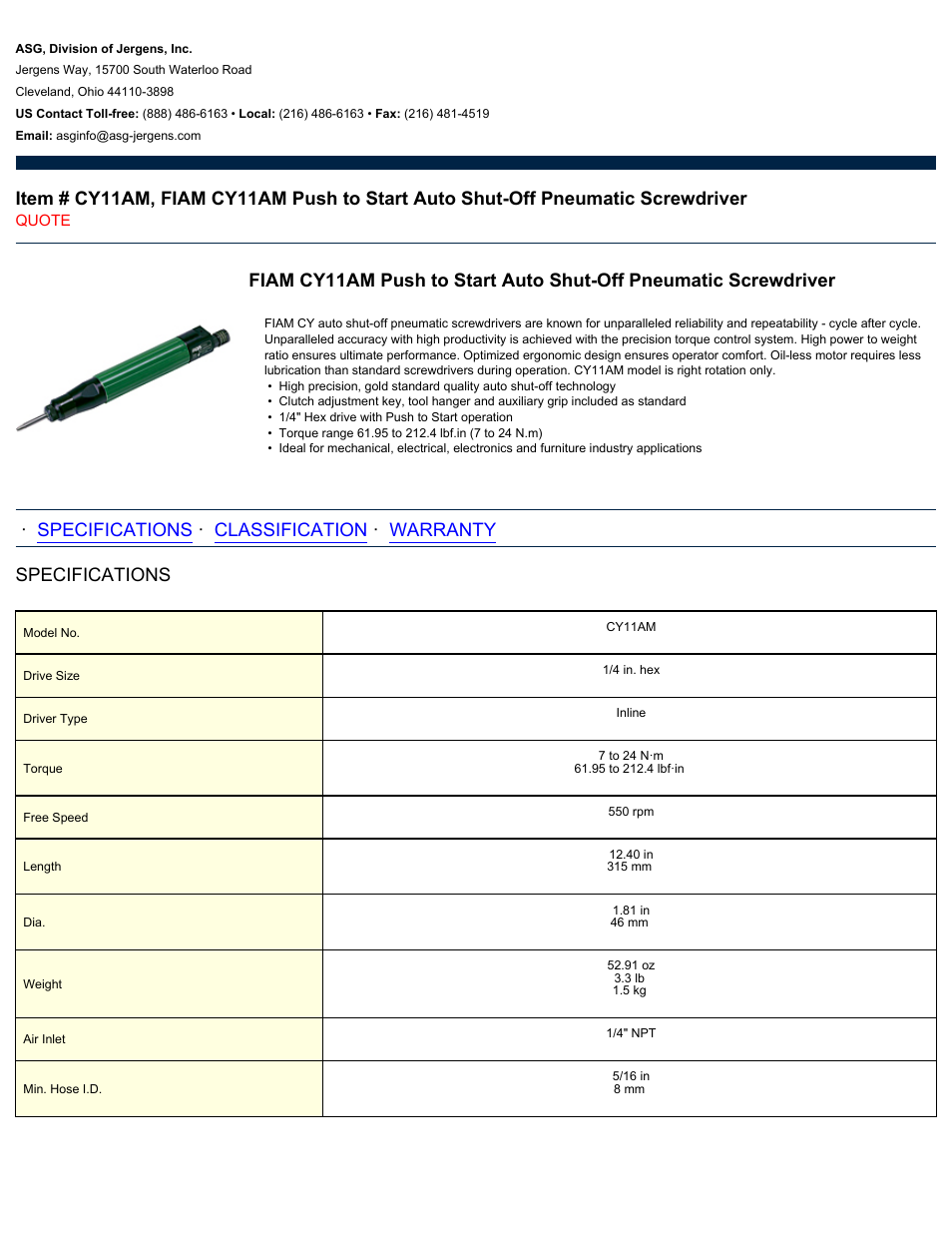 ASG Jergens CY11AM User Manual | 2 pages