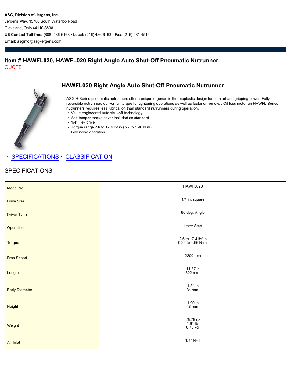 ASG Jergens HAWFL020 User Manual | 2 pages