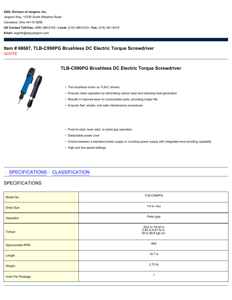 ASG Jergens 68687 TLB-C990PG User Manual | 2 pages