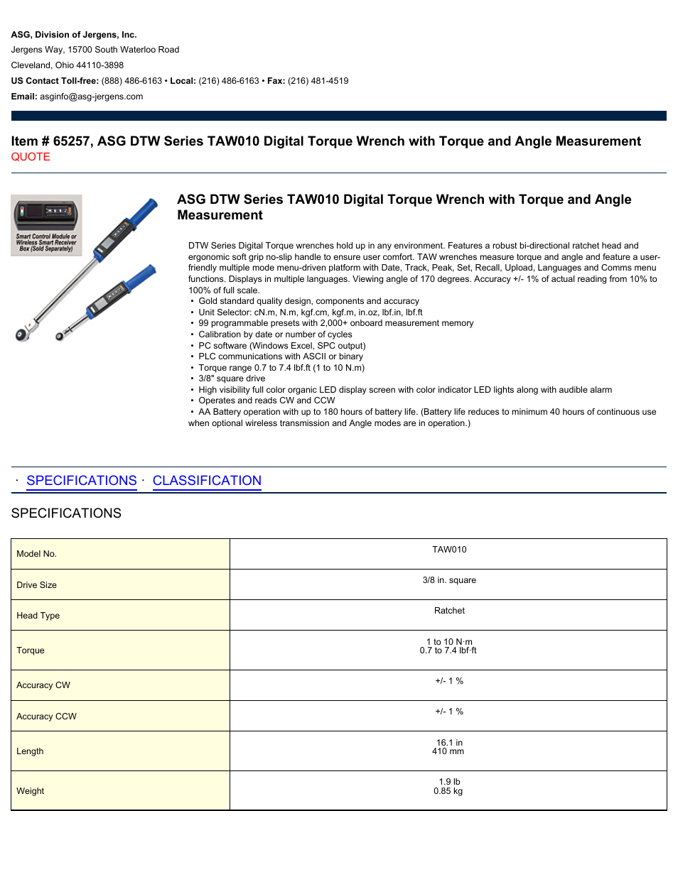 ASG Jergens 65257 TAW010 User Manual | 2 pages