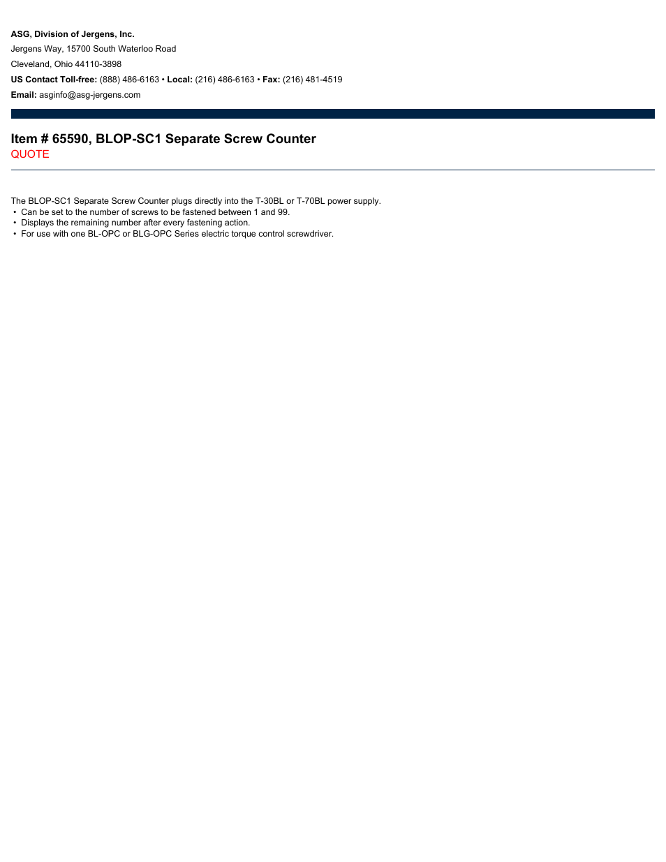 ASG Jergens 65590 BLOP-SC1 Separate Screw Counter User Manual | 1 page