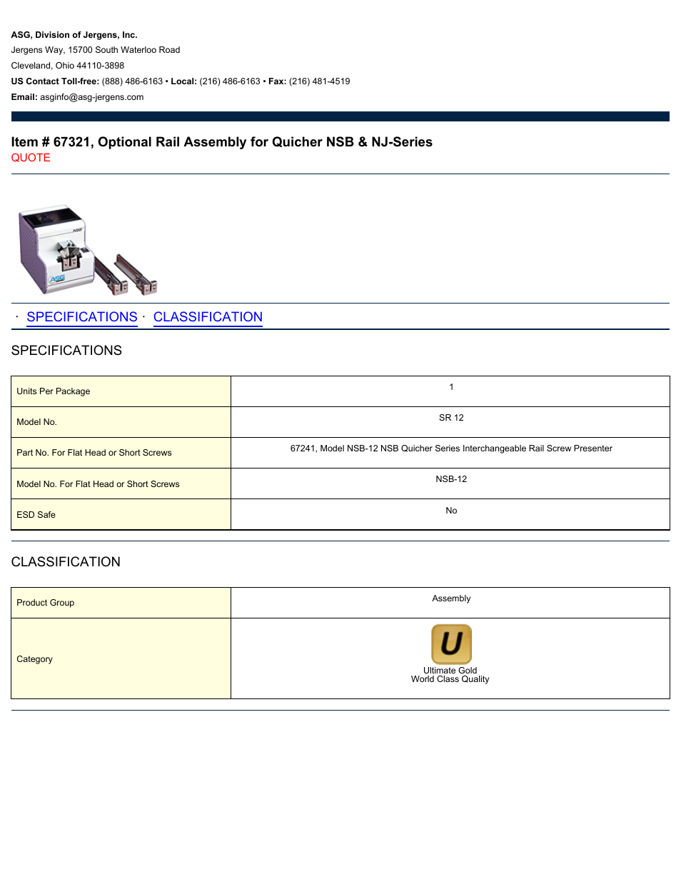 ASG Jergens 67321 Optional Rail Assembly for Quicher NSB & NJ-Series User Manual | 1 page