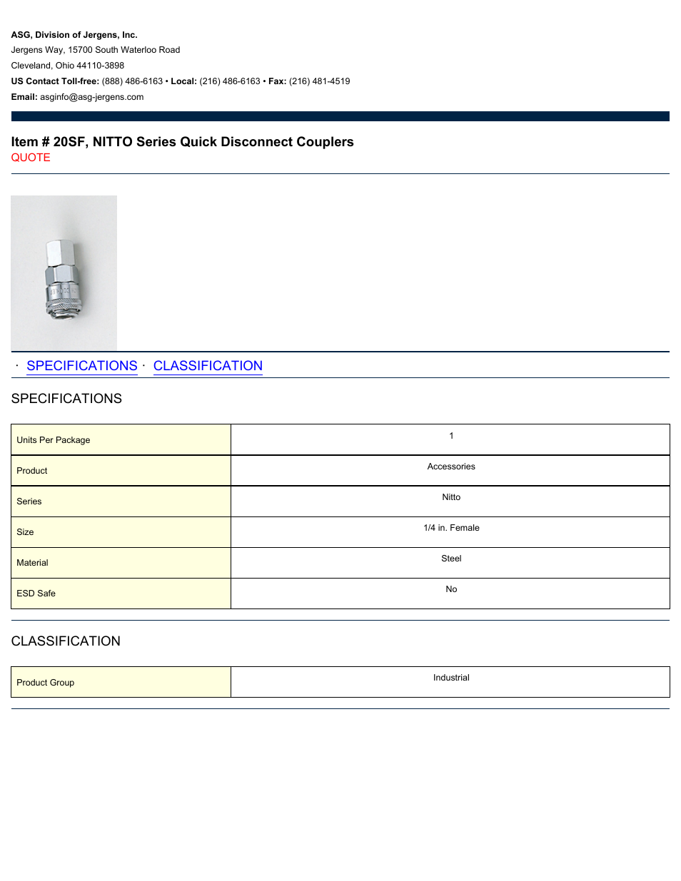 ASG Jergens 20SF NITTO Series Quick Disconnect Couplers User Manual | 1 page