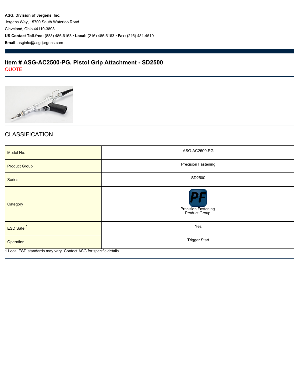 ASG Jergens ASG-AC2500-PG Pistol Grip Attachment - SD2500 User Manual | 1 page