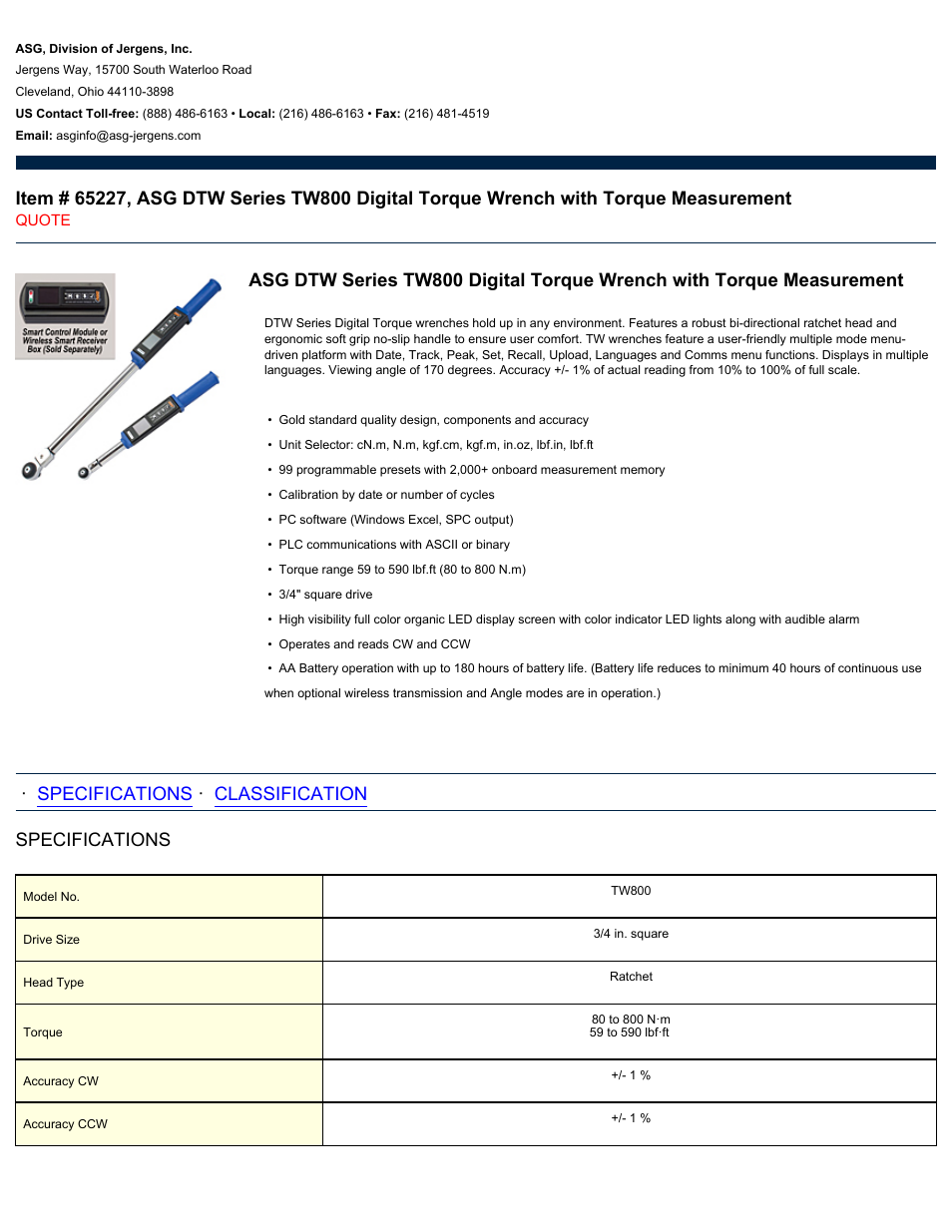 ASG Jergens 65227 TW800 User Manual | 2 pages