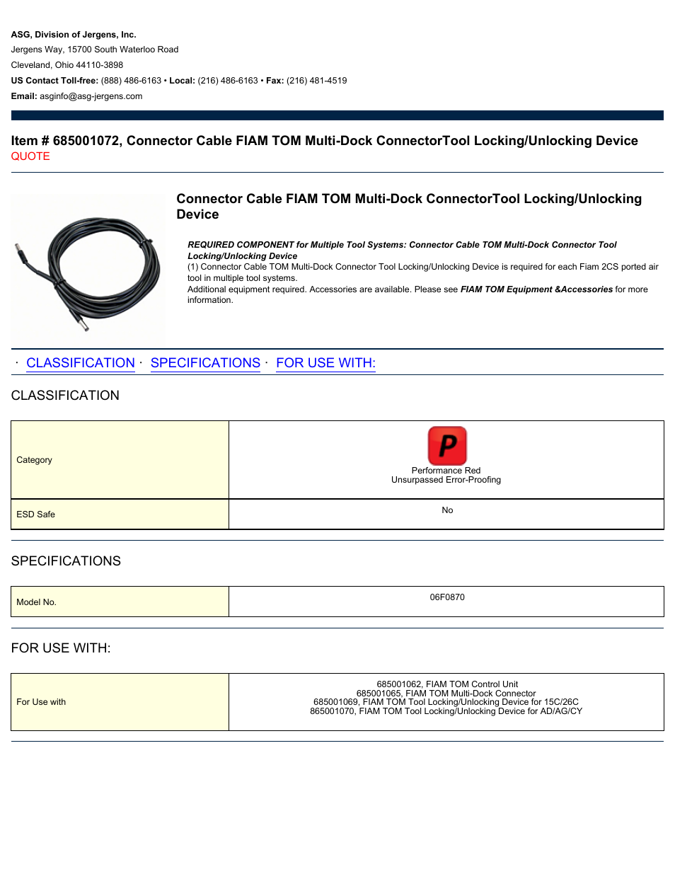 ASG Jergens 685001072 Connector Cable FIAM TOM Multi-Dock User Manual | 1 page
