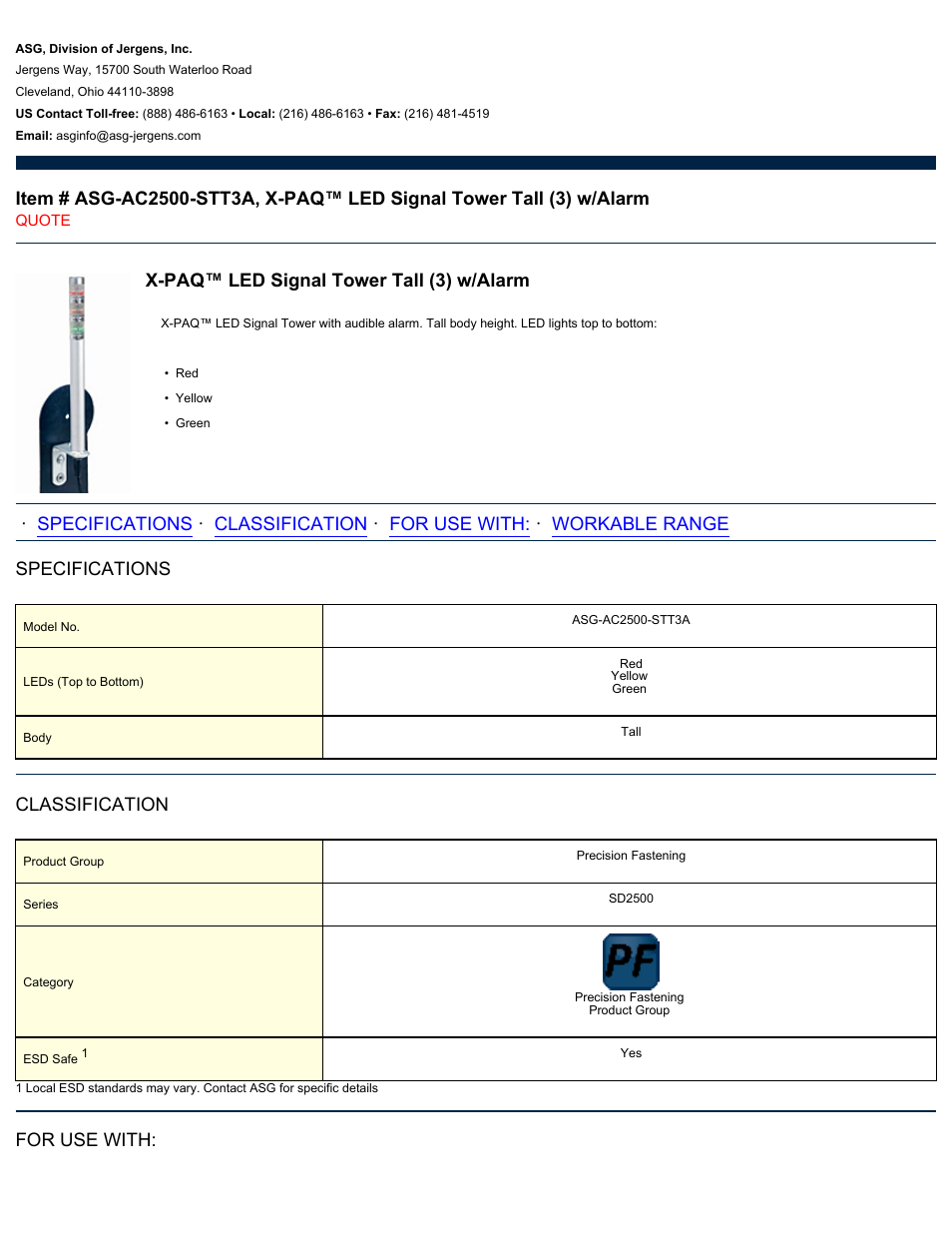 ASG Jergens ASG-AC2500-STT3A LED Signal Tower Tall User Manual | 2 pages