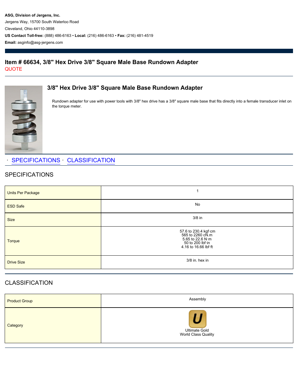 ASG Jergens 66634 3/8 Hex Drive 3/8 Square Male Base Rundown Adapter User Manual | 1 page