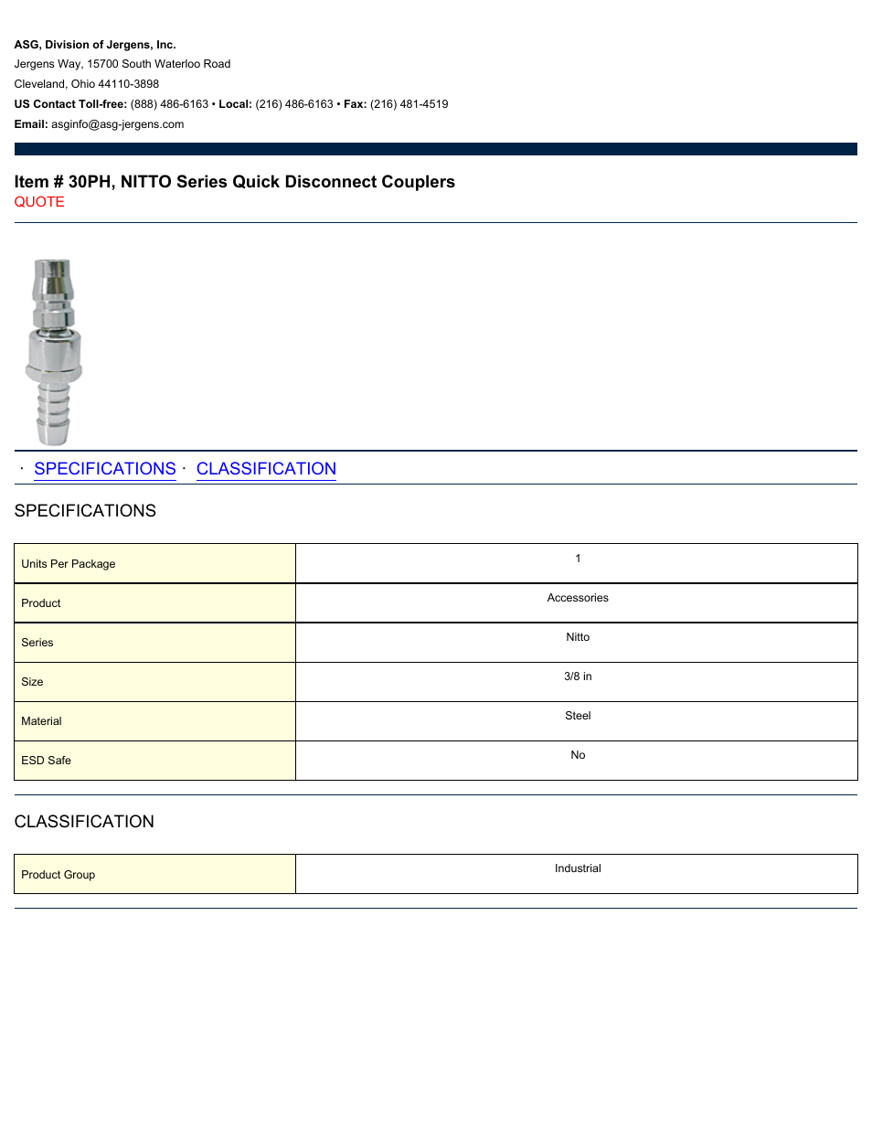 ASG Jergens 30PH NITTO Series Quick Disconnect Couplers User Manual | 1 page