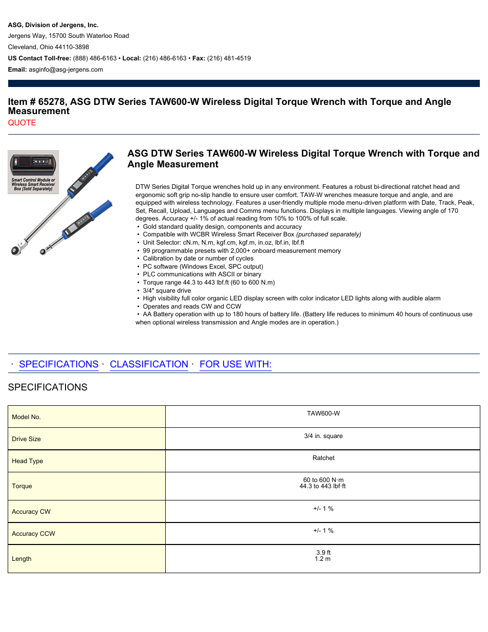 ASG Jergens 65278 TAW600-W User Manual | 2 pages