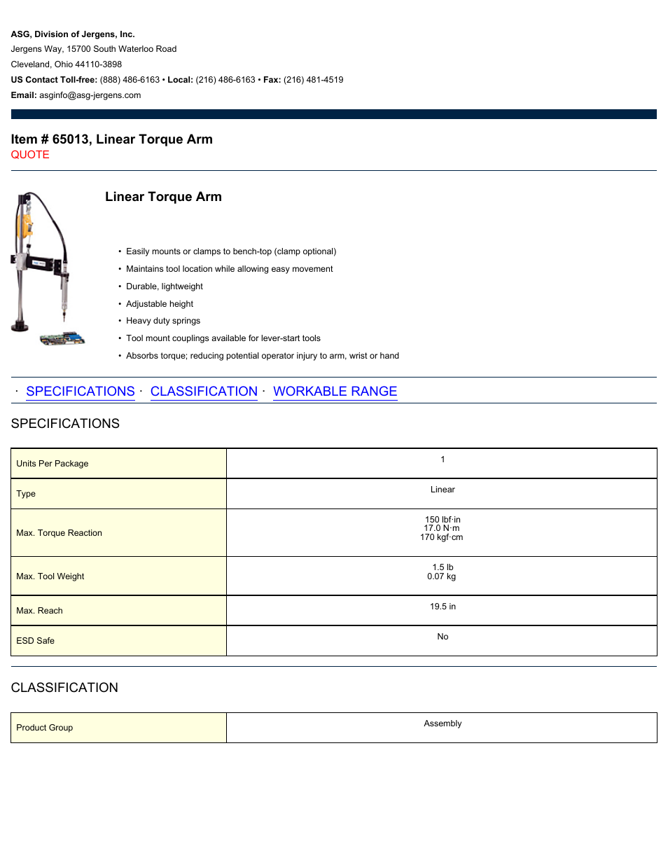 ASG Jergens 65013 Linear Torque Arm User Manual | 2 pages