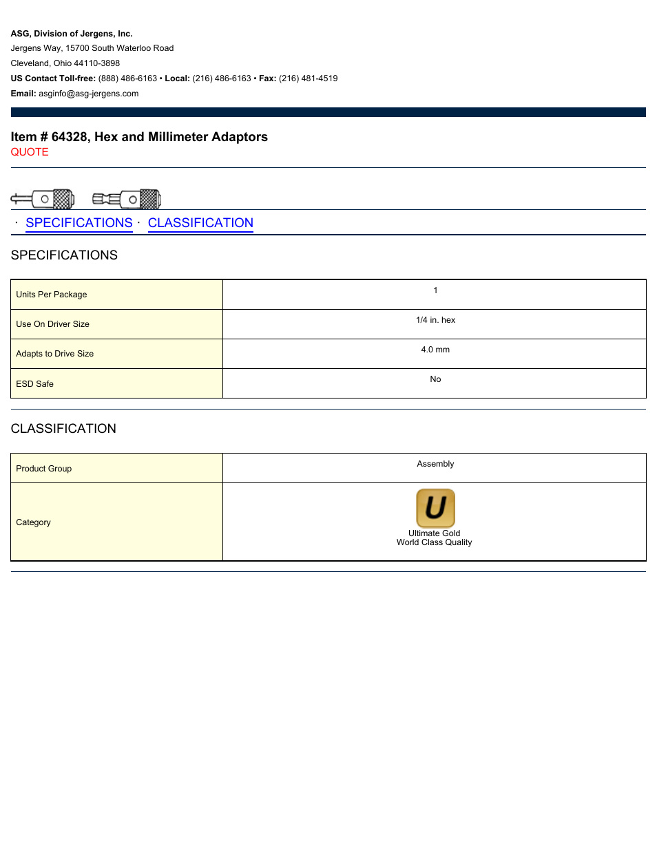 ASG Jergens 64328 Hex and Millimeter Adaptor User Manual | 1 page