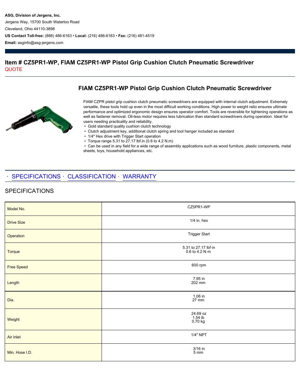 ASG Jergens CZ5PR1-WP User Manual | 2 pages