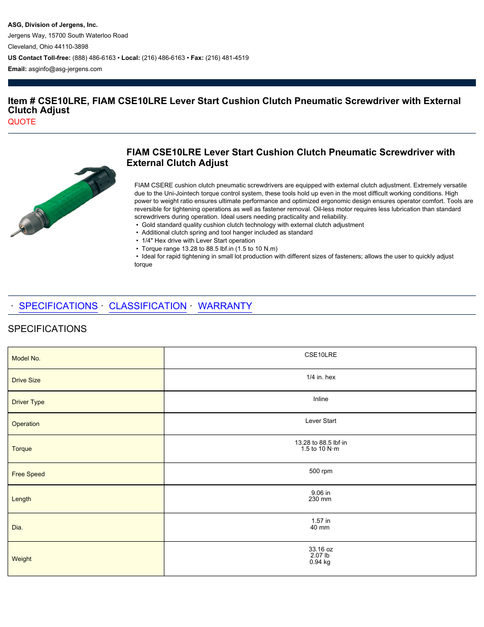ASG Jergens CSE10LRE User Manual | 2 pages