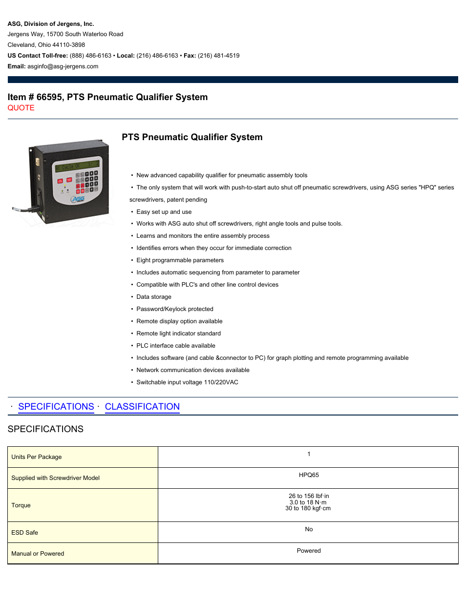 ASG Jergens 66595 PTS Pneumatic Qualifier System User Manual | 2 pages