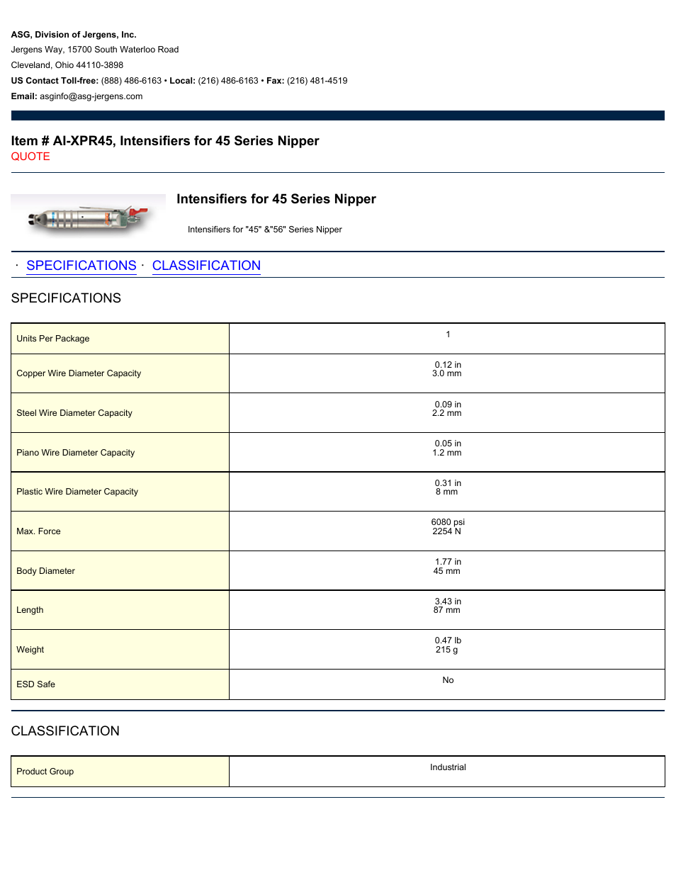 ASG Jergens AI-XPR45 Intensifiers for 45 Series Nipper User Manual | 1 page