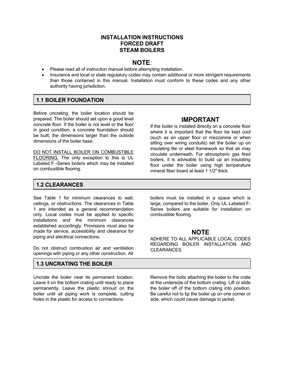 Installation instructions, Steam boilers, Important | Note | Bryan Boilers Forced Draft Steam Boilers User Manual | Page 2 / 37