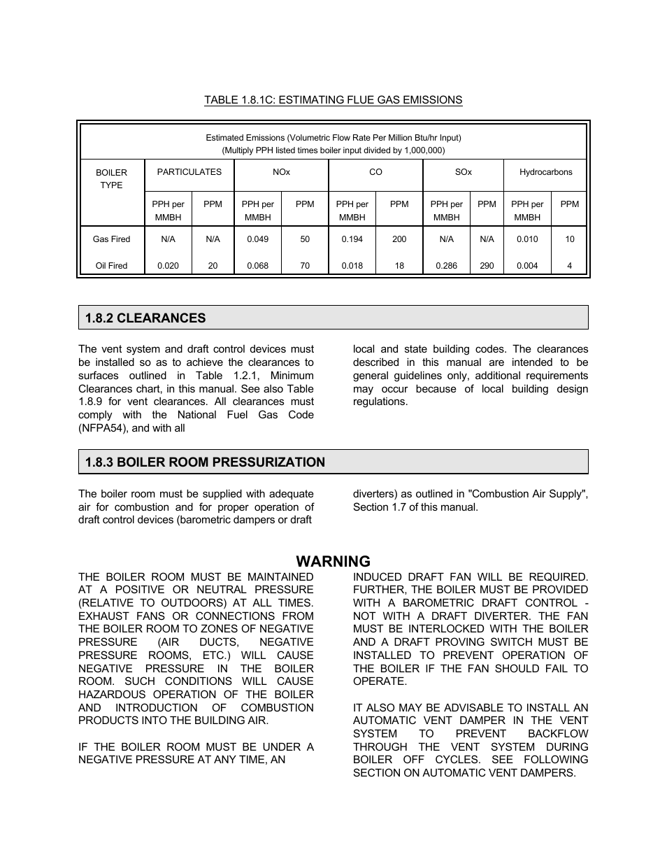 Warning, 2 clearances, 3 boiler room pressurization | Bryan Boilers Forced Draft Steam Boilers User Manual | Page 9 / 37