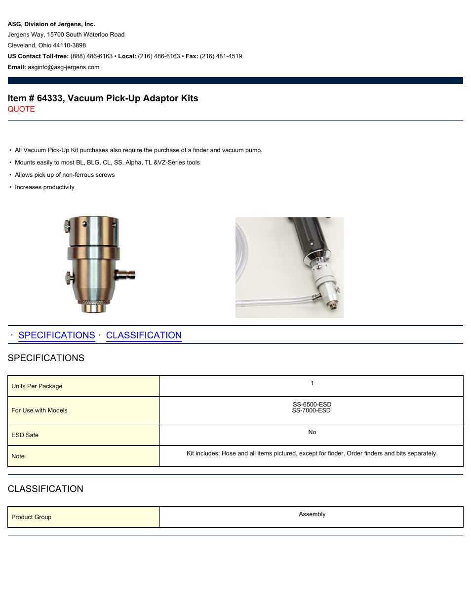 ASG Jergens 64333 Vacuum Pick-Up Adaptor Kits User Manual | 1 page