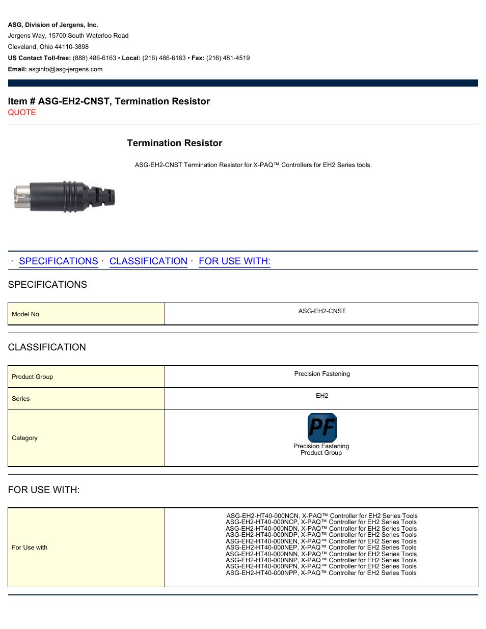 ASG Jergens ASG-EH2-CNST Termination Resistor User Manual | 1 page