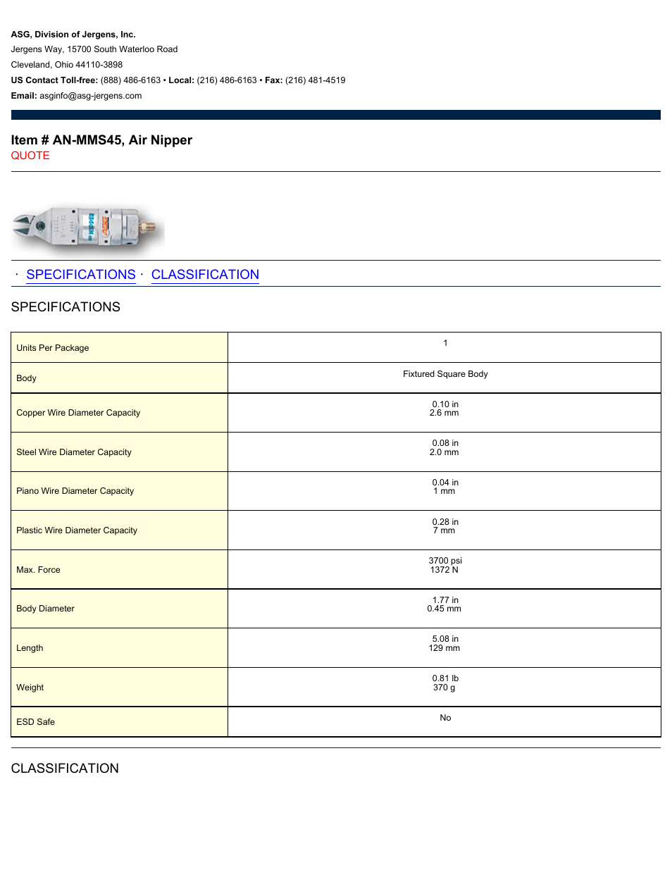 ASG Jergens AN-MMS45 Air Nipper User Manual | 2 pages