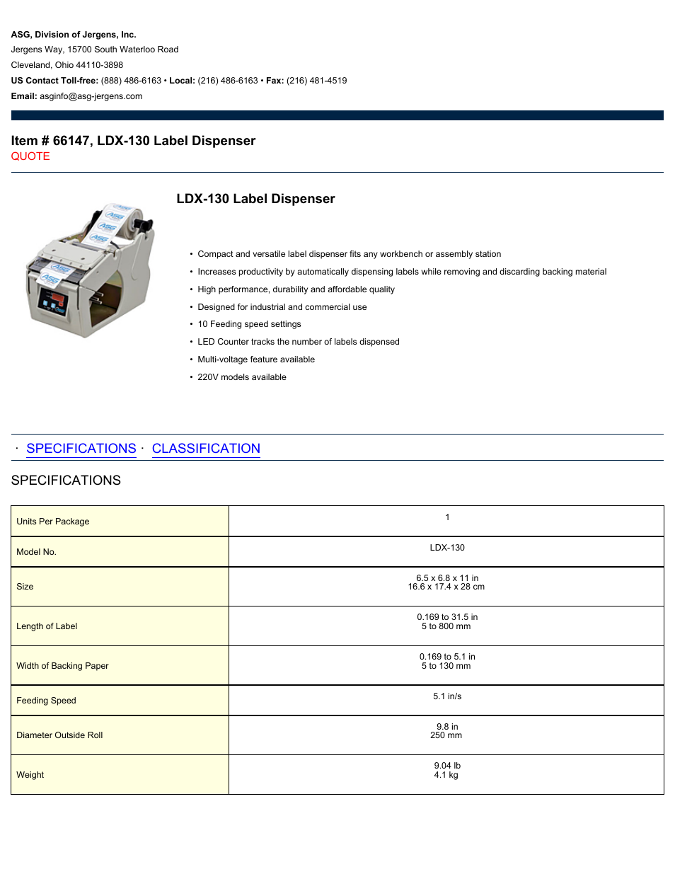 ASG Jergens 66147 LDX-130 User Manual | 2 pages