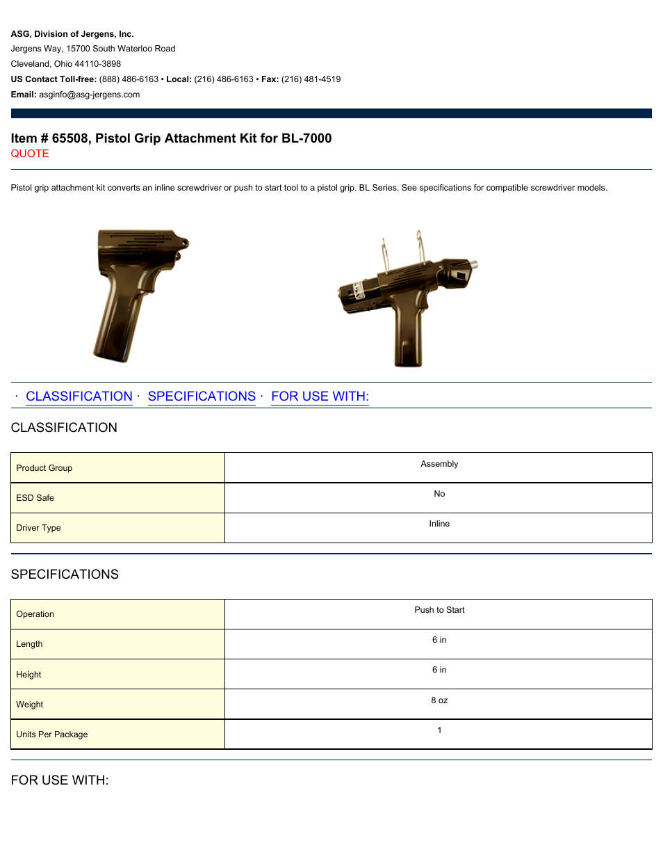 ASG Jergens 65508 Pistol Grip Attachment Kit for BL-7000 User Manual | 2 pages