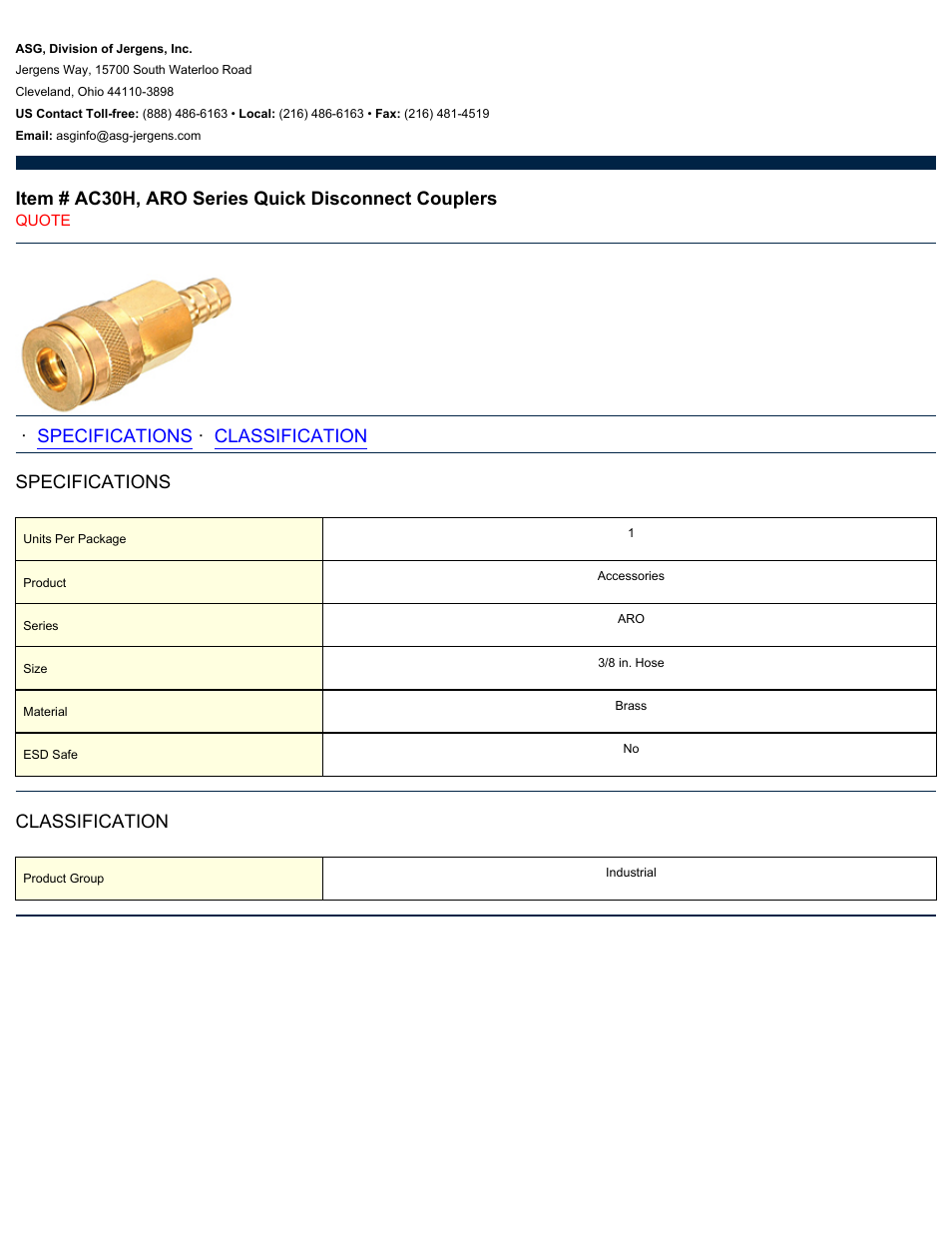 ASG Jergens AC30H ARO Series Quick Disconnect Couplers User Manual | 1 page