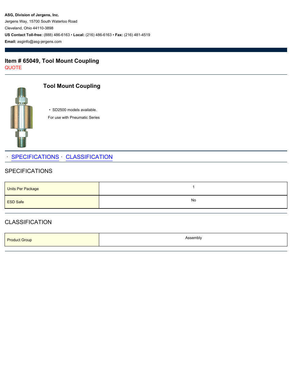 ASG Jergens 65049 Tool Mount Coupling User Manual | 1 page