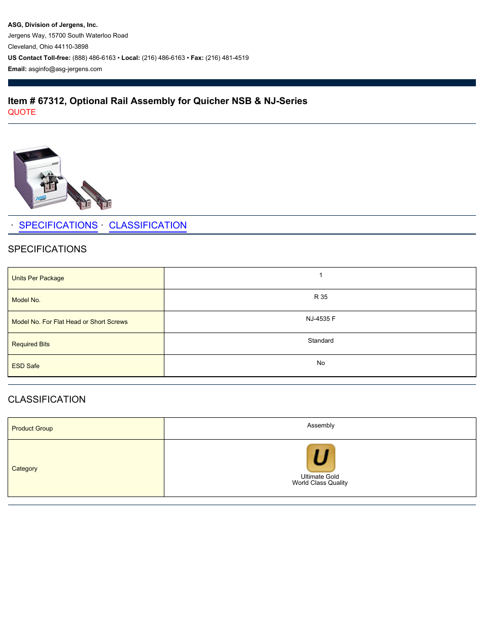 ASG Jergens 67312 Optional Rail Assembly for Quicher NSB & NJ-Series User Manual | 1 page