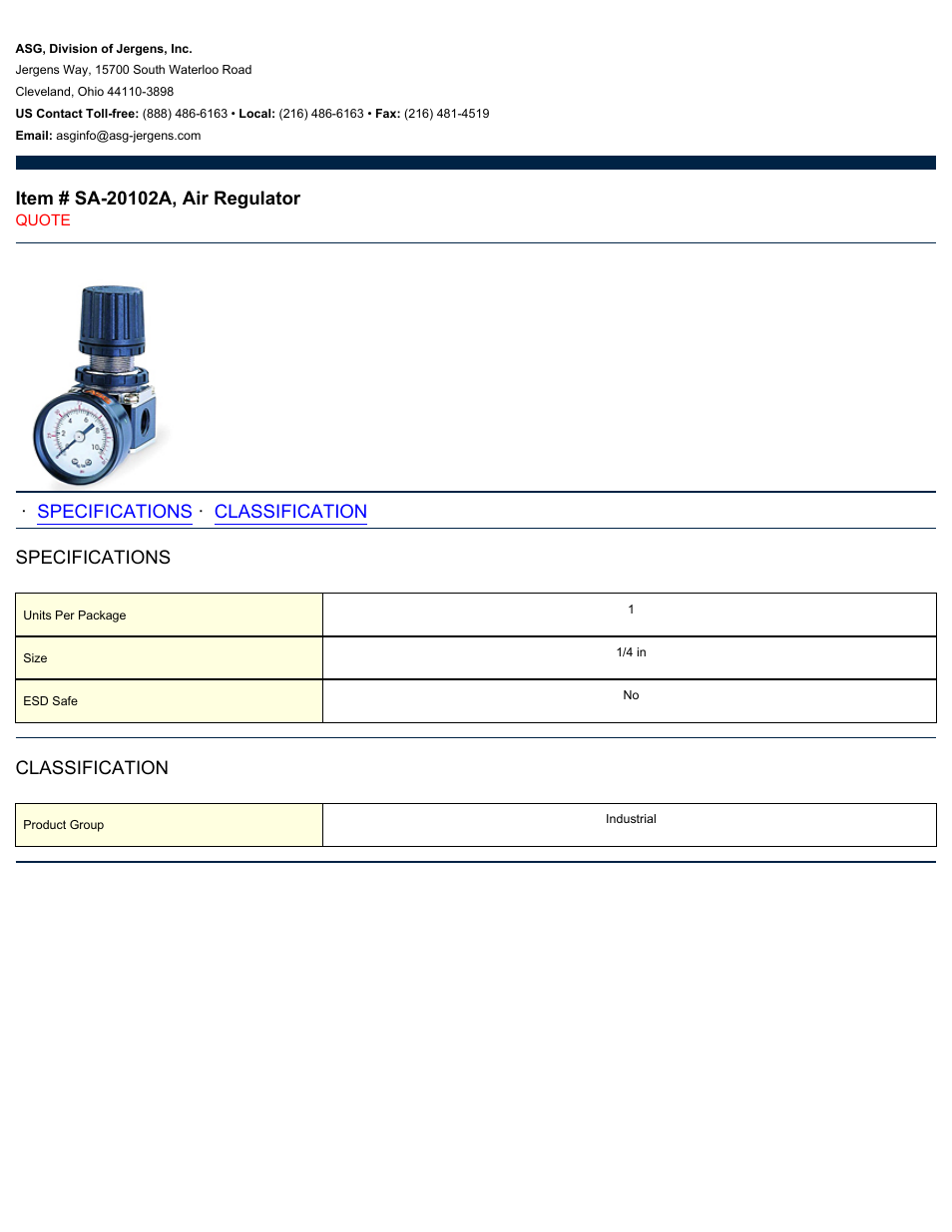 ASG Jergens SA-20102A Air Regulator User Manual | 1 page