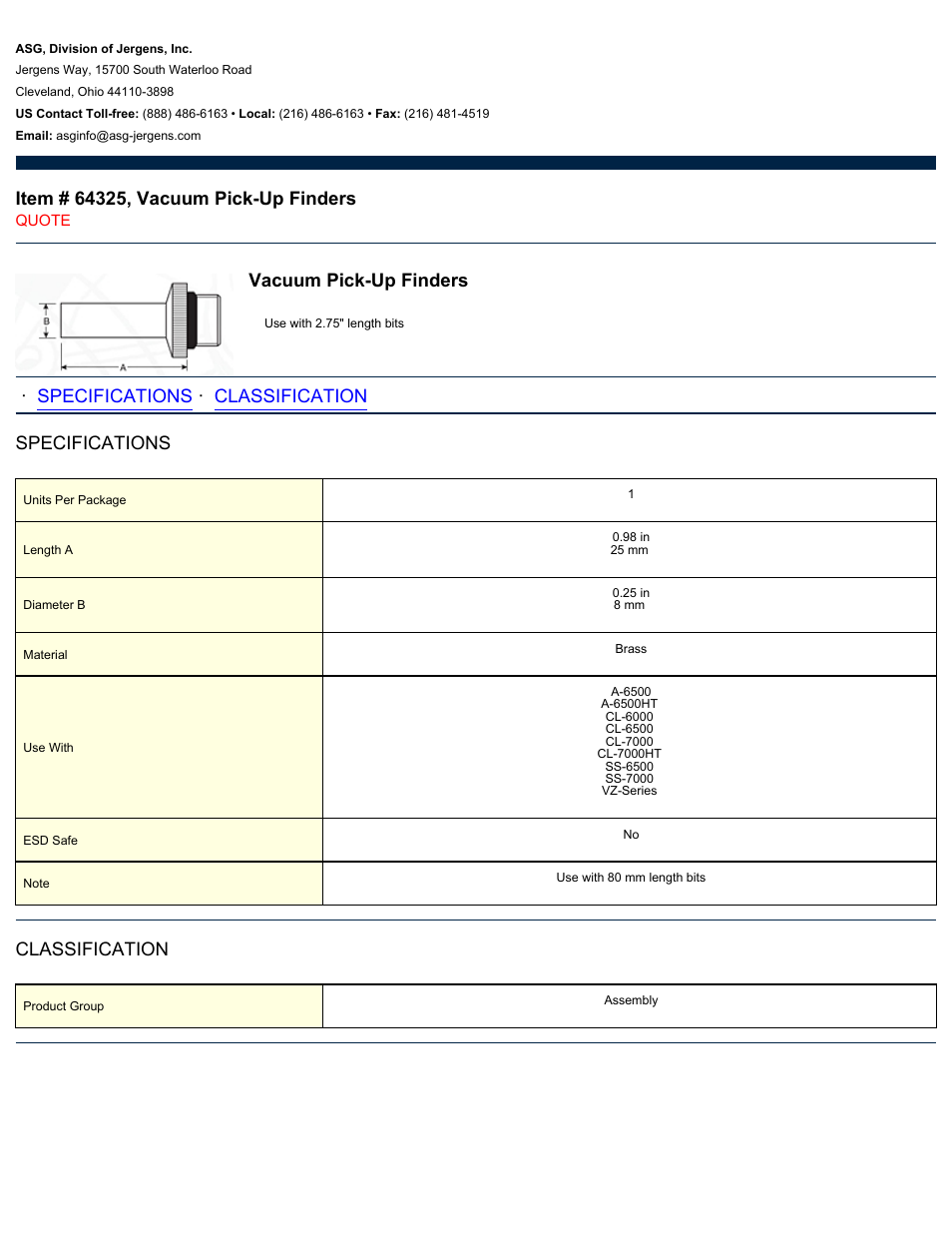 ASG Jergens 64325 Vacuum Pick-Up Finders User Manual | 1 page