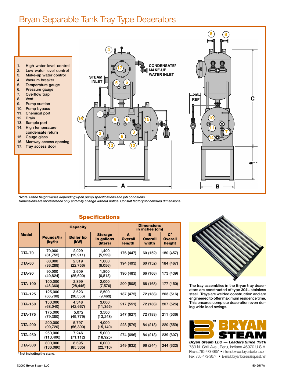 Bryan separable tank tray type deaerators, Specifications, Ca b | Bryan Boilers DTA-200 User Manual | Page 2 / 2