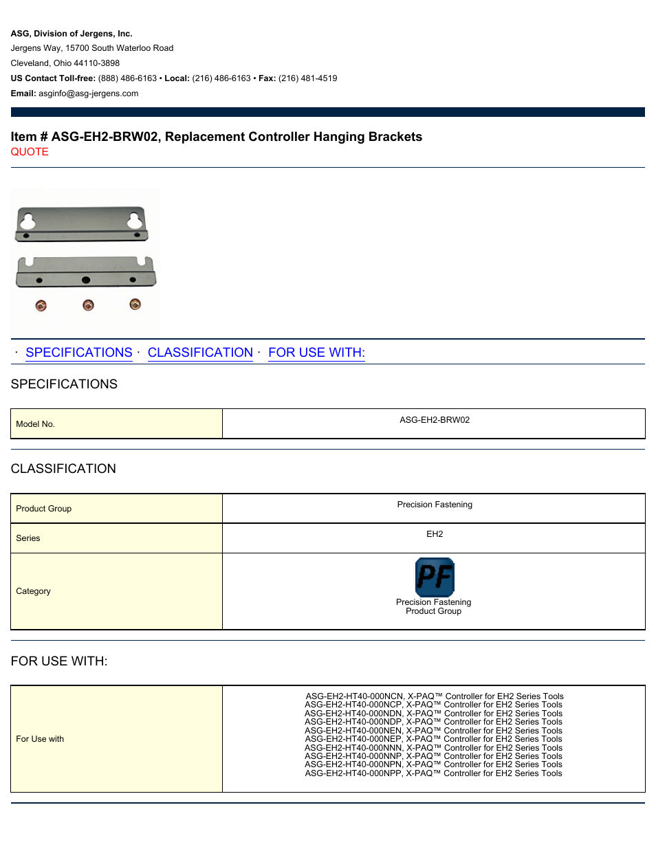ASG Jergens ASG-EH2-BRW02 Replacement Controller Hanging Brackets User Manual | 1 page