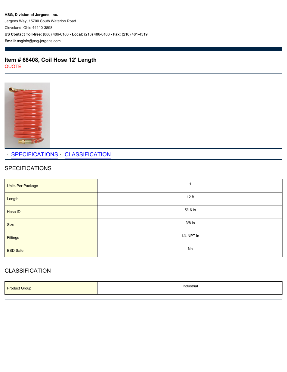 ASG Jergens 68408 Coil Hose 12 Length User Manual | 1 page