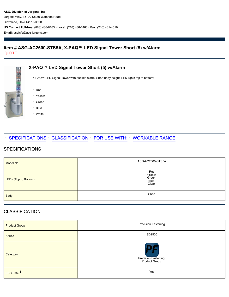 ASG Jergens ASG-AC2500-STS5A LED Signal Tower Short User Manual | 2 pages