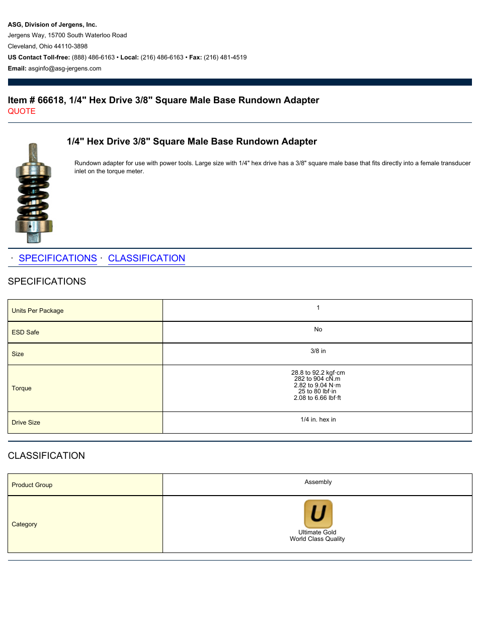 ASG Jergens 66618 1/4 Hex Drive 3/8 Square Male Base Rundown Adapter User Manual | 1 page