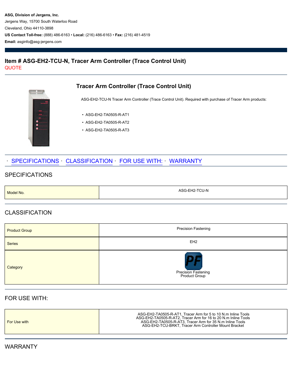 ASG Jergens ASG-EH2-TCU-N Tracer Arm Controller (Trace Control Unit) User Manual | 2 pages