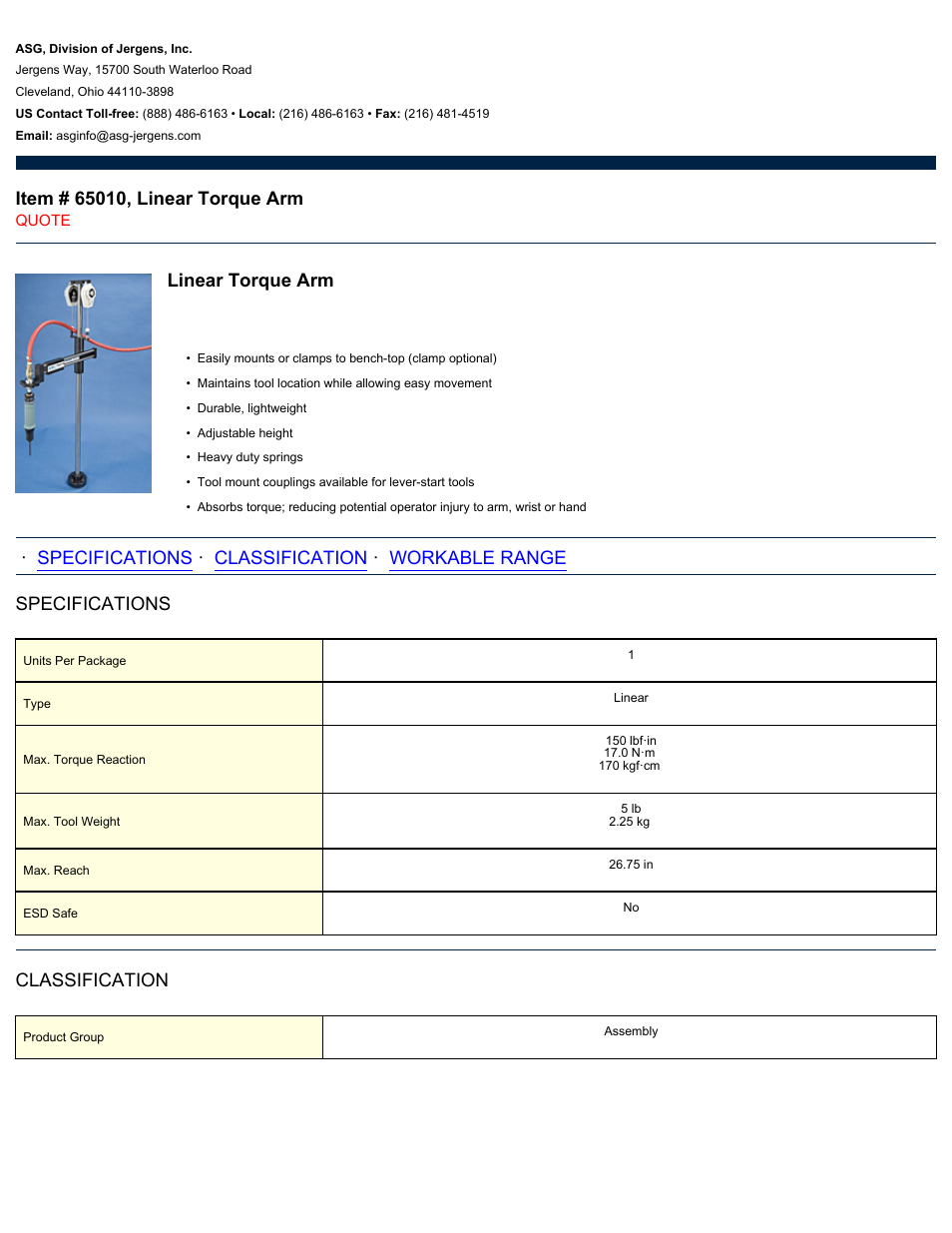 ASG Jergens 65010 Linear Torque Arm User Manual | 2 pages